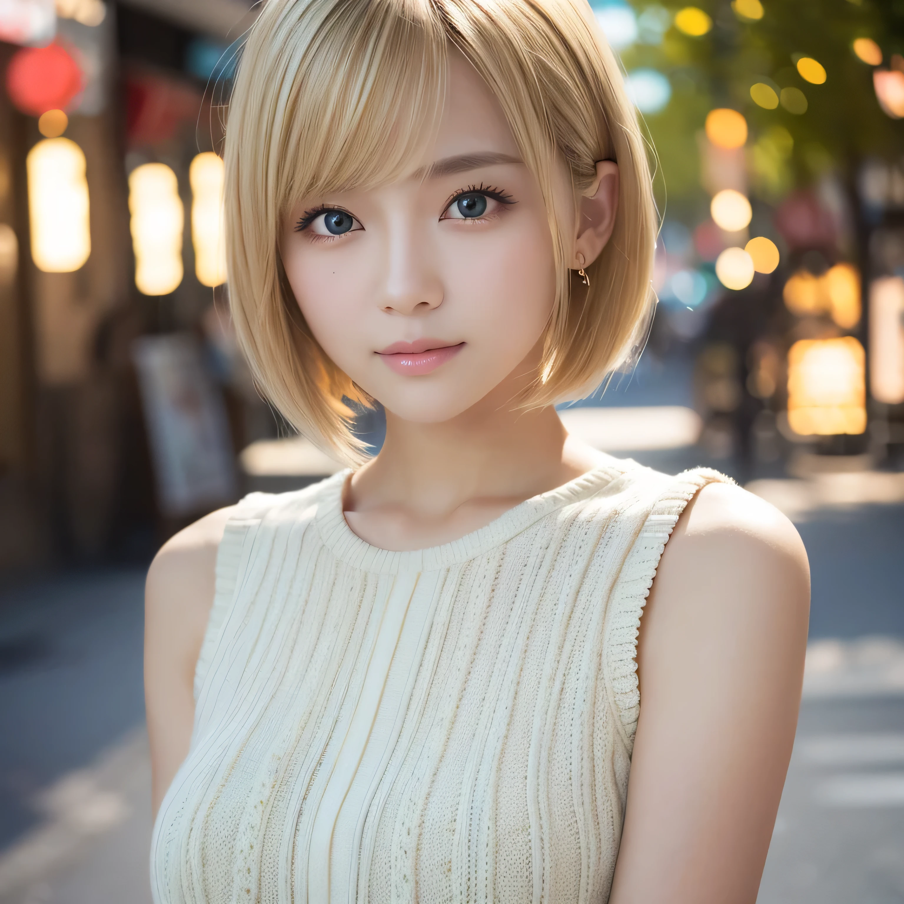 masterpiece, 1 beautiful girl, detailed eye, puffy eyes, top-quality, ultra high resolution, (8K), (reality:1.4), daytime, at street, cinematic lighting, asian beauty, super beauty, beautiful skin, body facing forward, (hyper-realistic), (highly detailed), (beautifully detailed eyes), detailed face, bright lighting, professional lighting, looking at viewer, facing straight ahead, cream knitted dress, light blond hair, bangs, short bob hair, green eyes, Japanese idol, Korean idol, gravure idol pose, (accurate anatomy:1.1),