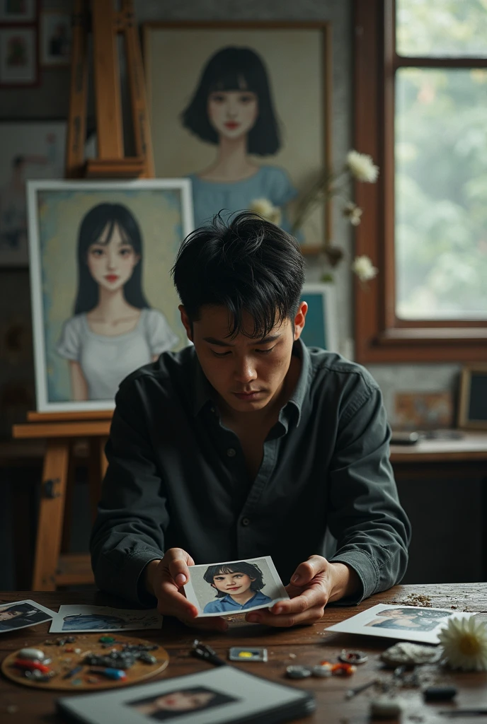 Photorealism. A man sit and craying in black with photos in his hand. Behind him is easle and unfinished painting of woman. And there is wall full of painting and photos of girl and both of them. There a long table behind the easel with dry pallet on it. And a flowers of white chrysanthemum also on table and some art things mess on table too. We can see his face full of tears. His face handsome like korean idol but mess because crying.  His poses little bit to side and tittle bit bend down when he sit on chair. His elbows on his thighs .  He look down and crying while he look at photos in his hand
