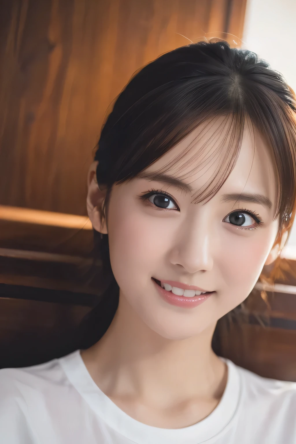 beautiful girl, Baby Face, (Highest quality:1.4), (Very detailed), (Very detailed美しい顔), White T-shirt, Great face and eyes, iris, Medium Hair, (Skinny body type:1.3), (Flat Chest:1.3), (smile), Smooth, Very detailed CG synthesis 8k wallpaper, High-resolution RAW color photos, Professional photography, Light, BackLight, dream-like, impressive, Written boundary depth, Washroom, (Face close-up:1.3), (Shooting from below:1.3)