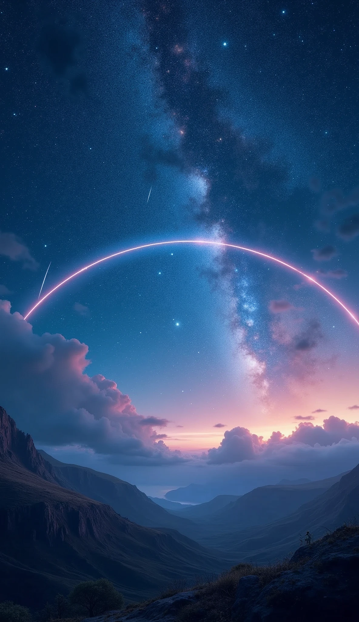 "A vast night sky filled with countless stars, some of them shining brightly with a soft, ethereal glow. Shooting stars streak across the sky, leaving behind trails of shimmering light. In the distance, a faint rainbow arc spans the horizon, blending into the deep blue of space, with hints of nebulae and galaxies in the background　8ｋ　Ultra HD、Ultra-precision