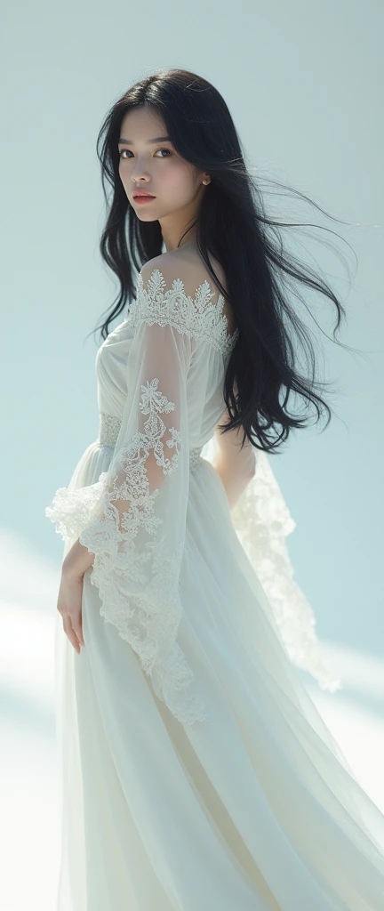 Beautiful young princess with black hair and blue eyes, She is wearing a beautiful long white dress