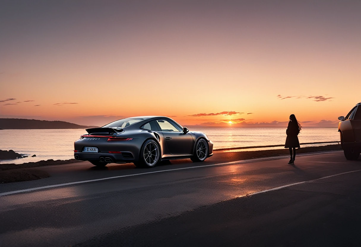 (masterpiece, best quality:1.2), silhouette, Silhouette of a woman and a car against the backdrop of a coastal sunset, She has long hair and is standing by the car watching the sunset, the car is Porsche 911, The silhouette of the car stands out, hyper Realistic, Professional photography, Cinema Lighting,, Car Photography