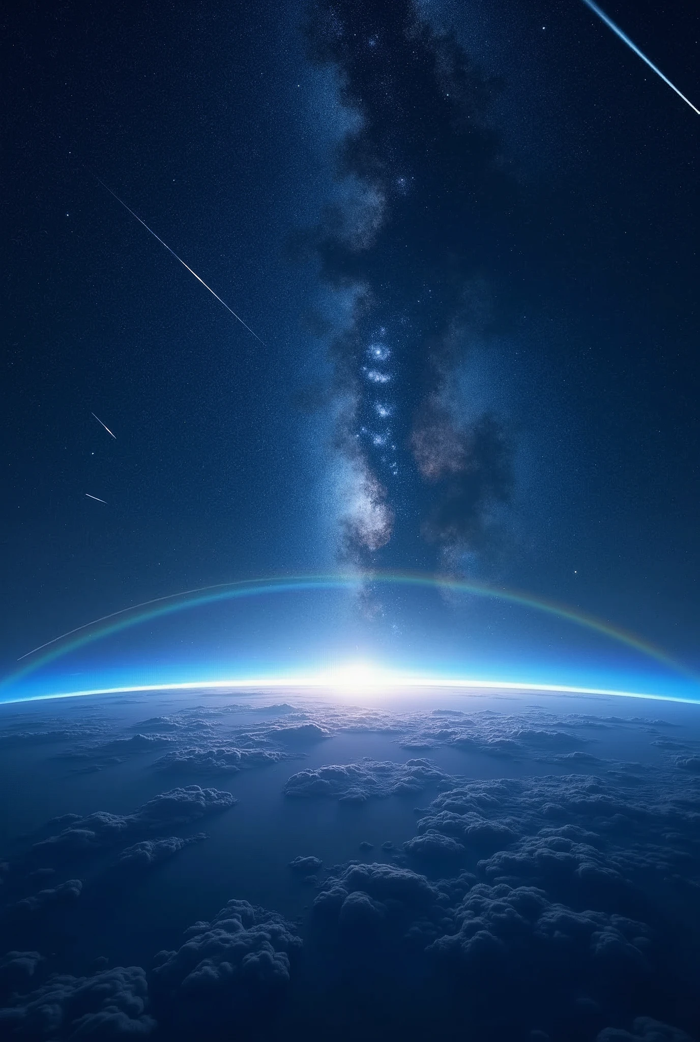 "A vast night sky filled with countless stars, some of them shining brightly with a soft, ethereal glow. Shooting stars streak across the sky, leaving behind trails of shimmering light. In the distance, a faint rainbow arc spans the horizon, blending into the deep blue of space, with hints of nebulae and galaxies in the background 8k Ultra HD、Ultra-precision