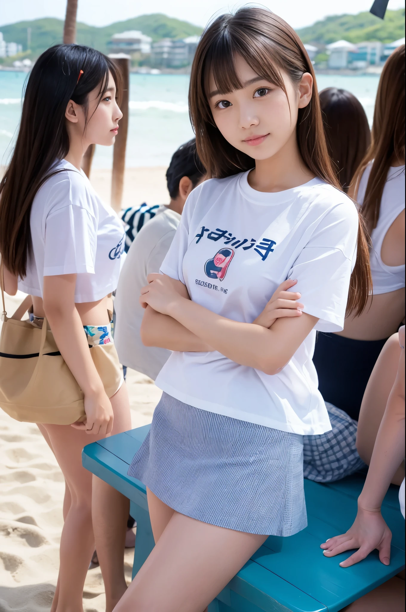 20 years old girls (Japanese cute face) are wearing white Tshirts, mini skirt at the beach bar