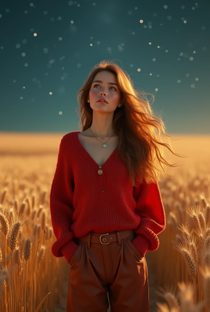 a beautiful woman,23 years old,A man standing in a vast wheat field,Tachibana crimson long-haired,Hair is messy and floating,Green eyes,Full body female love,(大Red loose sweater),Loose slacks,Sweater flutters,Edge light,(Fainting with long hair:1.5),best quality,tmasterpiece,Ultra-high resolution),(realisticlying:1.4),Slim,(shiny skin),(The woman's face looks up at the sky),Top fashion,((Red loose sweater)),Autumn weather,Light Solution,(beautifulface:1.1),delicate eyes,lusciouslips,Depth of Field、Bokeh,author(James S. c. Christensen:1.2|Jeremy Lipkin:1.1),octane,sky sky,Star(sky sky),Starry Sky,night,Night Sky,solo,Exterior,clouds,galactic