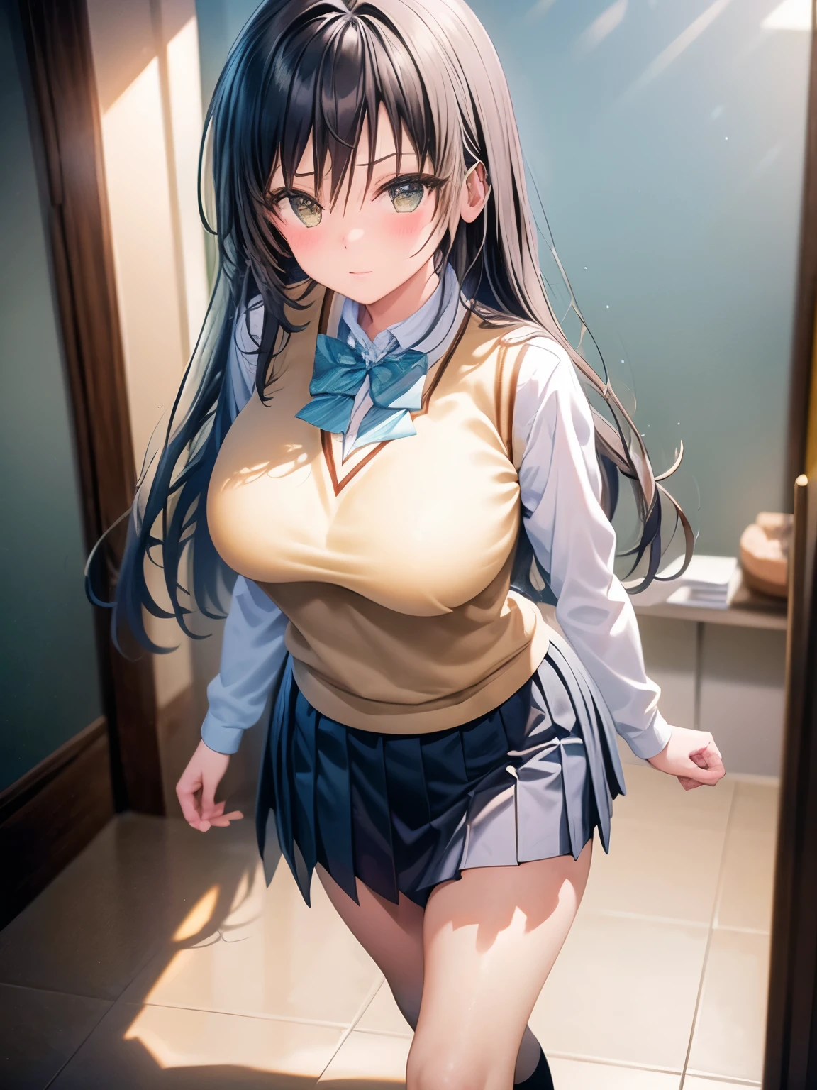 uniform　Cream-colored knit　White blouse、Green mini skirt　Plaid、light blue lace patterned panty、Big Breasts、Beautiful feet、Aroused expression、Black Hair　long hair、School　rooftop　blue sky、Are standing　Bend your waist