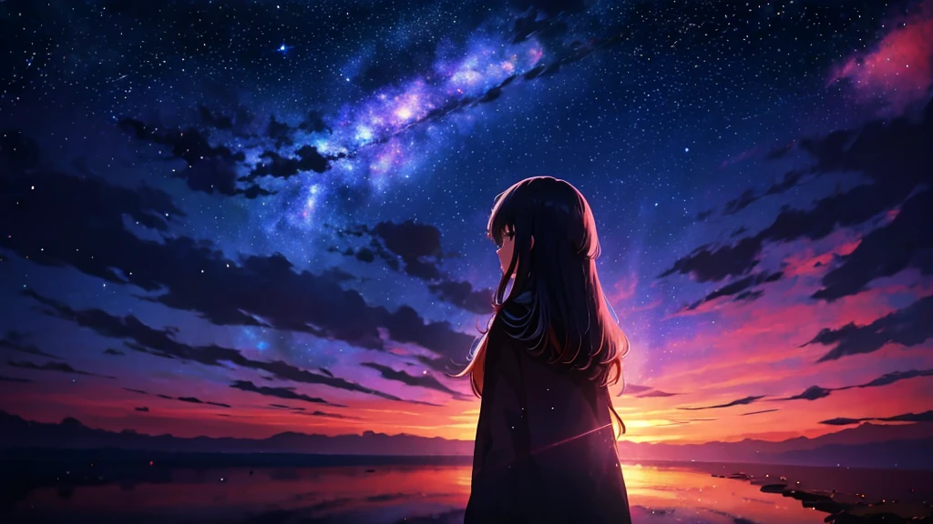 Anime girl looking at the stars in the sky, girl looks at the space, anime girl with cosmic hair, girl in space, Star(skyporn) starrysky_skyporn, on a galaxy looking background, in a space starry, near a galaxy, Anime art wallpaper 8k, shooting star in background, stars on sky, Anime Girl with Long Hair, Space sky