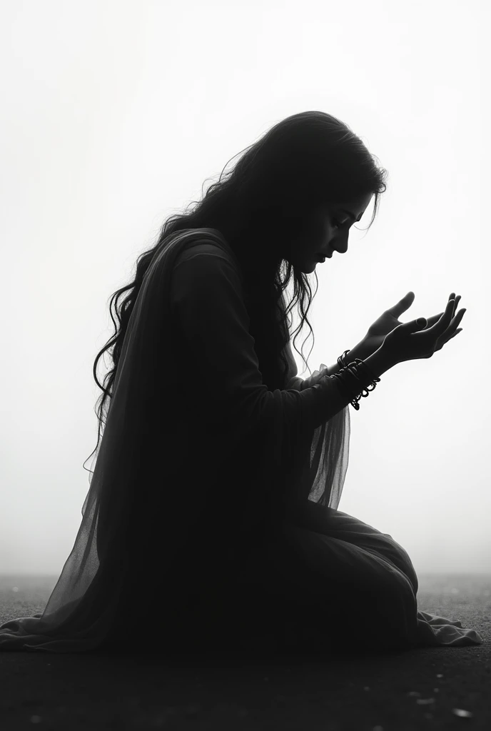 A black shadow image of a Indian women praying and crying for help 