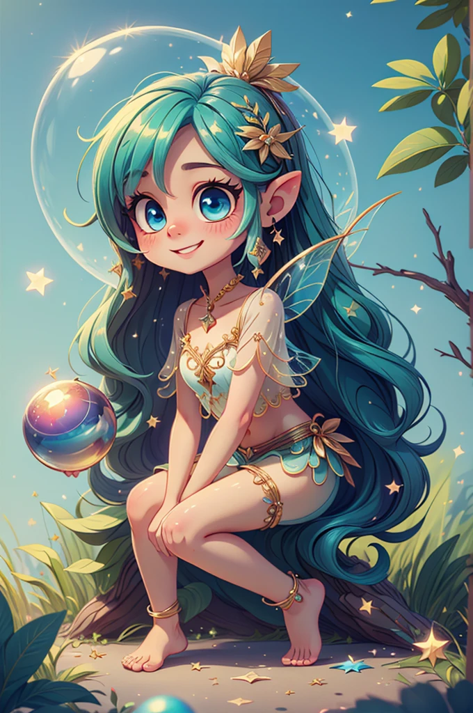 (masterpiece、Highest quality、Highest quality、Beautiful and beautiful:1.2)、2 Fairies、Get excited、Semi-transparent colorful hair、Round and beautiful eyes、Cute Smile、barefoot、Hold the glitter ball and touch it、Chiffon hot pants、Pure、charm、Wide blue sky、Nature、Fantasy art