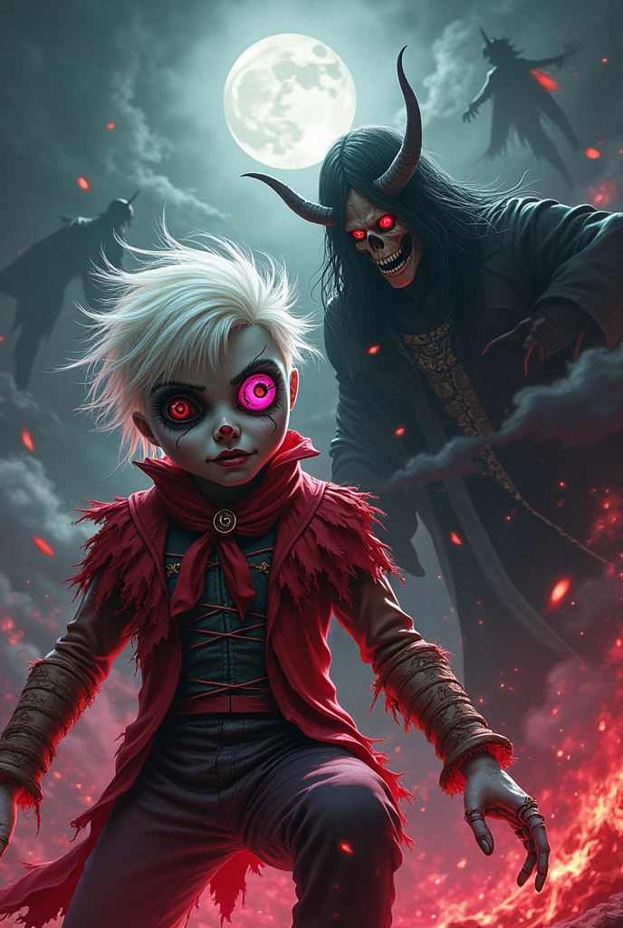 create a One Piece illustration of an 18 year old voodoo rag doll man with white hair, one pink eye and one button eye fighting Vlad Tepes
