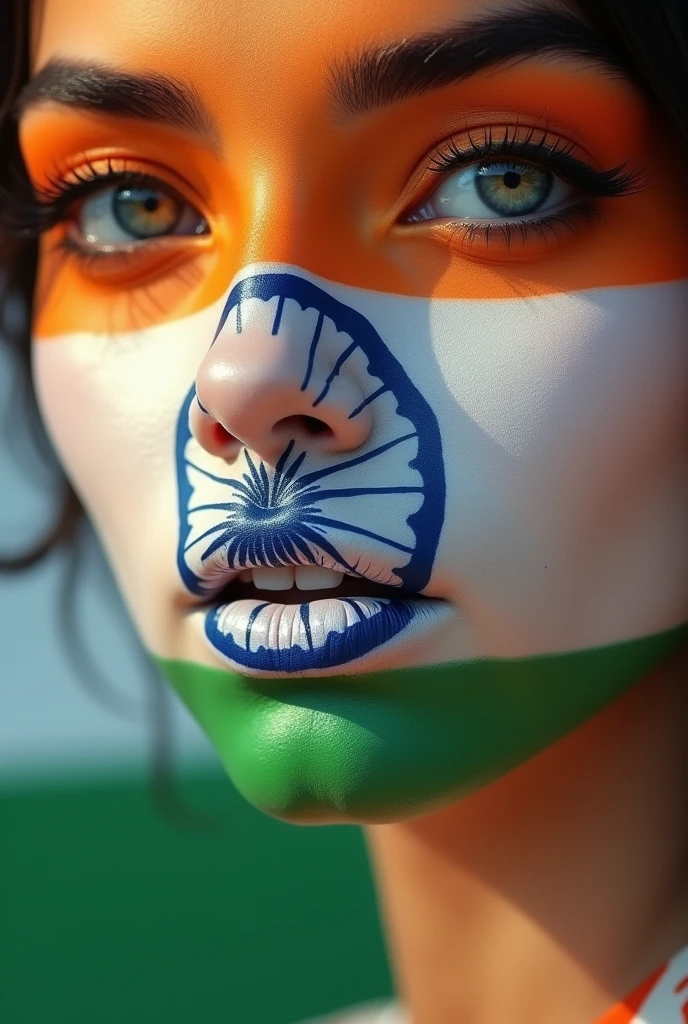 paint an Indian tricolor on a beautiful girl’s lips: saffron on the upper lip, white with a blue Ashoka Chakra on the center of her teeth, and green on the lower lip, creating a representation of the Indian flag