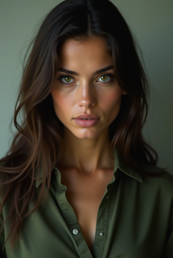 25 year old girl, Her long hair is dark brown and her eyes are green, Her skin is brown, wide square face, His expression is serious and cold, His clothes are in shades of green and brown. front view