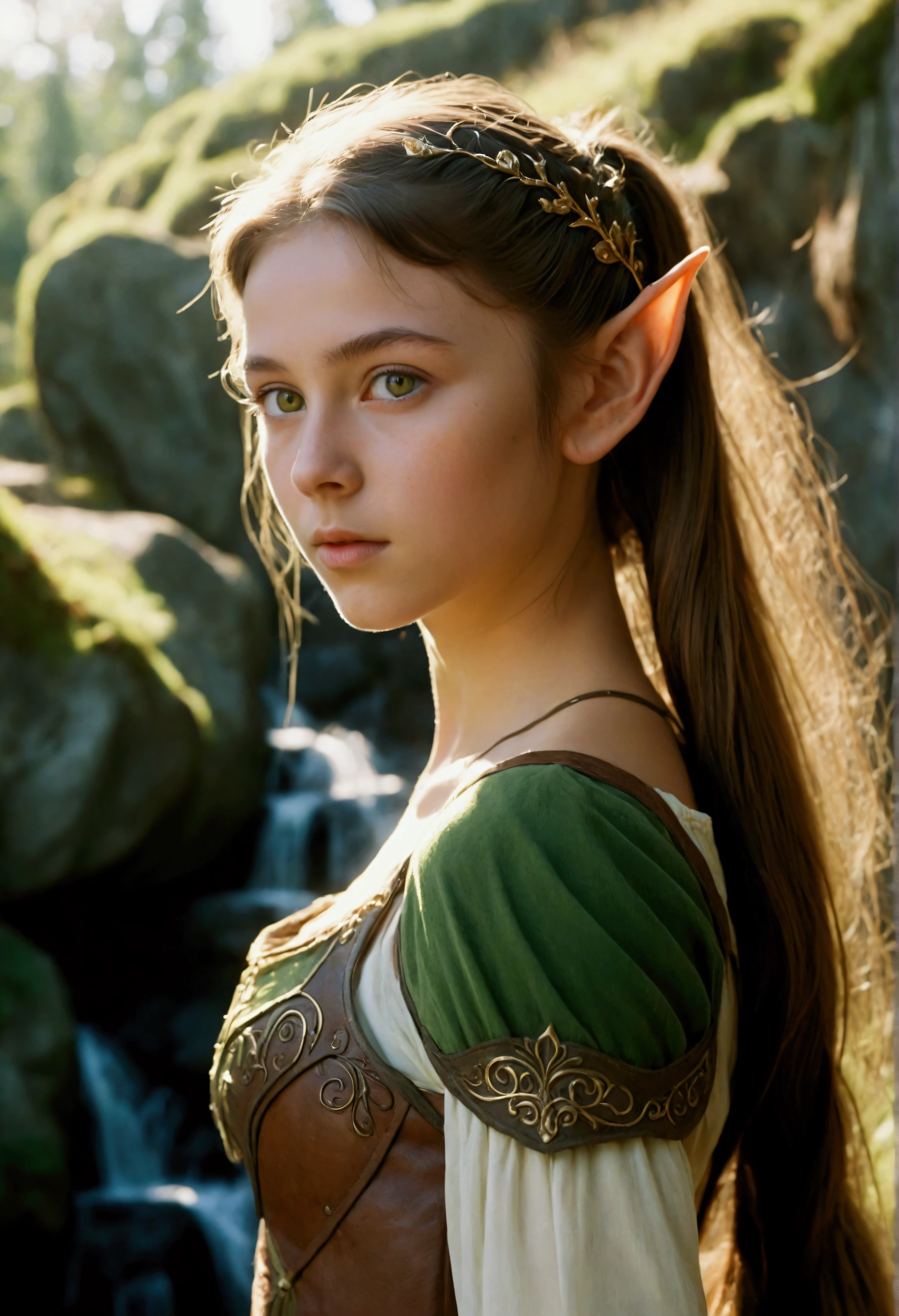 analog film photo, photo of a young elven girl, 18 years old, elf ears, amber eyes, brunette ponytail with shaggy bangs, sun-tanned complexion, olive skintone, slender hourglass figure, narrow waist, full hips, plump buttocks, wearing elven lingerie, resembles Mackenzie Foy, strolling through a fantasy landscape, RAW Photograph, dslr, soft lighting, high quality, film grain, Fujifilm XT3, detailed skin with visible pores, insane details, masterpiece, 8k, 35mm photograph, dslr, kodachrome, faded film, desaturated, grainy, vintage, Lomography, stained, highly detailed, found footage, close-up shot, elven ears