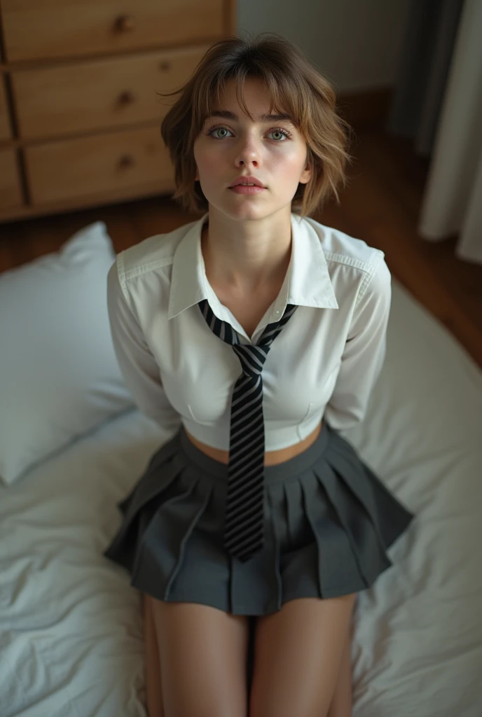 Realistic photo from above of a slim pretty -yeld Casian woman. She has short light-brown hair. She has small breasts. She is wearing a tight white shirt, with no bra. She is wearing a dark-grey striped tie. She is wearing a dark-grey pleated skirt. She is kneeling in a bedroom. She is looking up to the camera. Both hands are behind her back. Her mouth is slightly open. 