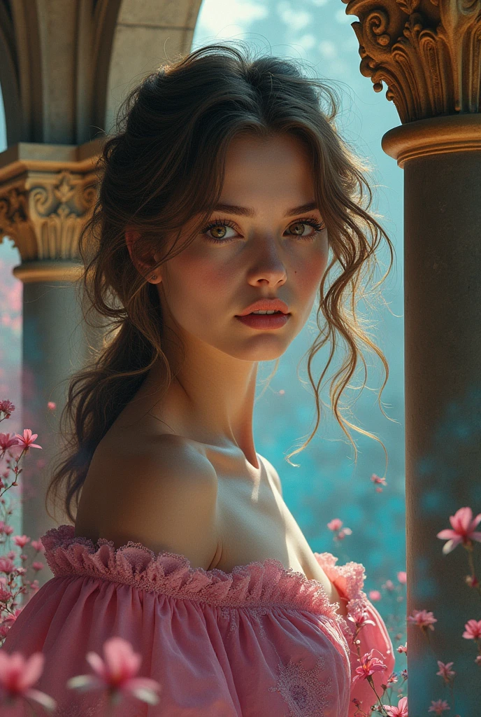a beautiful girl, Color Field painting, interior architecture, Gothic art, depth of field, depth of field, Wide-Angle, high quality
