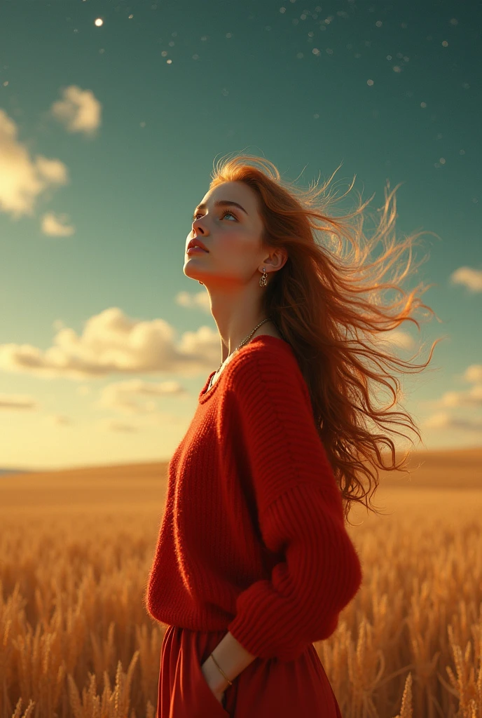 a beautiful woman，23 years old，A man standing in a vast wheat field，Tachibana crimson long-haired，Hair is messy and floating，Green eyes，Full body female love，（大Red loose sweater），Loose slacks，Sweater flutters，Edge light，（Fainting with long hair：1.5），best quality，tmasterpiece，Ultra-high resolution），（realisticlying：1.4），Slim，（shiny skin），（The woman's face looks up at the sky），Top fashion，（（Red loose sweater）），Autumn weather，Light Solution，（beautifulface：1.1），delicate eyes，lusciouslips，Depth of Field、Bokeh，author（James S. c. Christensen：1.2|Jeremy Lipkin：1.1），octane，sky sky，Star（sky sky），Starry Sky，night，Night Sky，solo，Exterior，​​clouds，galactic