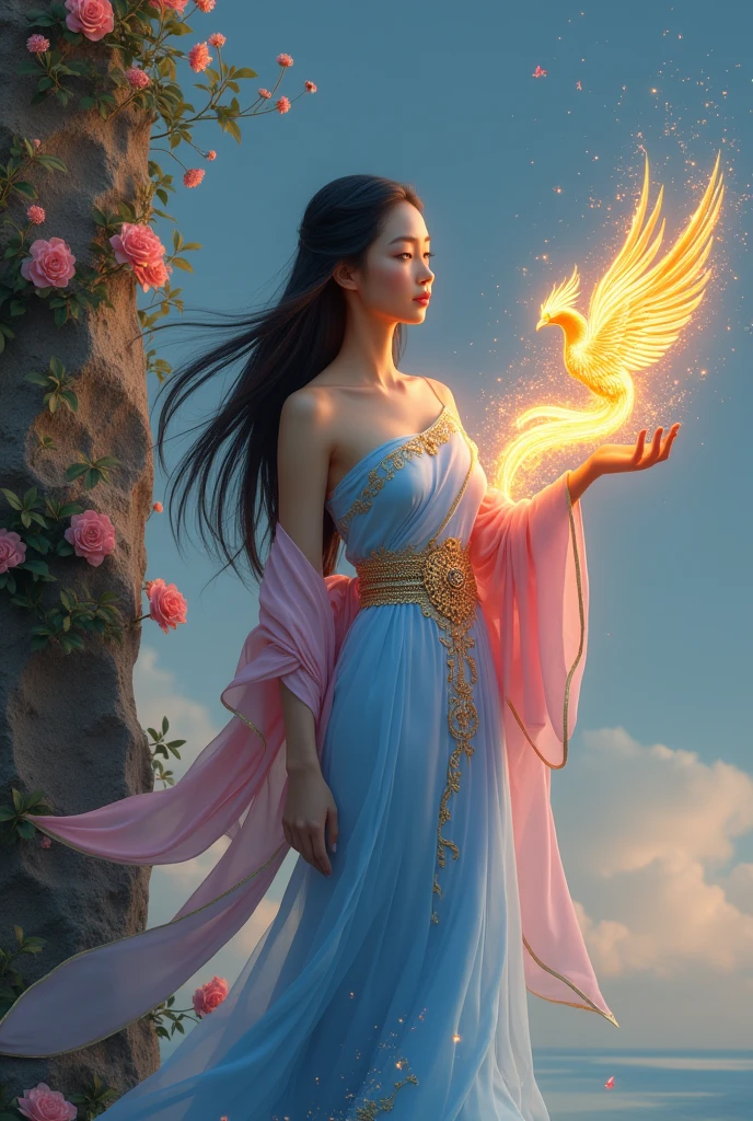 full lenght a Full-body image of a beautiful young woman, sweet and gentle, wearing a light blue strapless Thai dress, a nine-gem belt, a pink sarong with gold trim, a light blue silk shawl over her shoulders, long flowing black hair, a flying crown tied loosely. She extends her right arm and there is a majestic phoenix from digital ashes in a blaze of holographic flames. The corner of a steep cliff is surrounded by small flowers, beautiful, glowing and shimmering. 3D image, oil painting, sharp image, art of Professor Chalermchai.