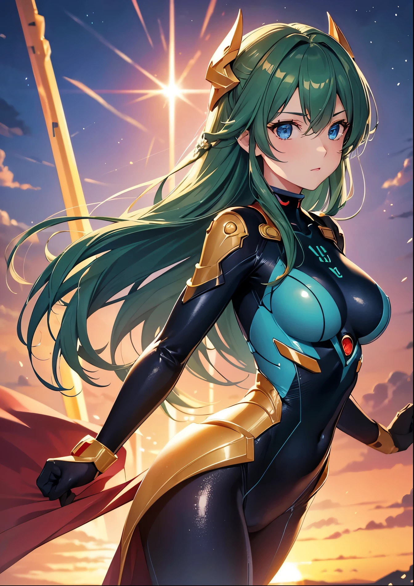 Masterpiece, Hi-Res 1.4), Best Picture Quality, Illustration, Extra Fine Detail, One Girl, Voluminous Dark Green Hair, Straight Long Hair with Dark Green Tresses, Big Droopy Eyes, Blue Eyes, Facing Forward, Adult Cute Look, Hanging Eyes, No Breast Enhancement, Sparkling Eyes, Focus on Face High Quality High Definition, Perfect Dynamic Composition, Golden Glittering Hairpiece, Close-Up, Beautiful Fine Blue Eyes, Perfect Composition, Side Profile Close-Up, Fine Blue Eyes, Full Body Plug Suit, Sunset Lighting, High Quality, Perfect Composition, Close-Up, Blue Body Suit Like Rey From Evangelion, Sunset Lighting , Movie Light of
Translated with DeepL.com (free version)