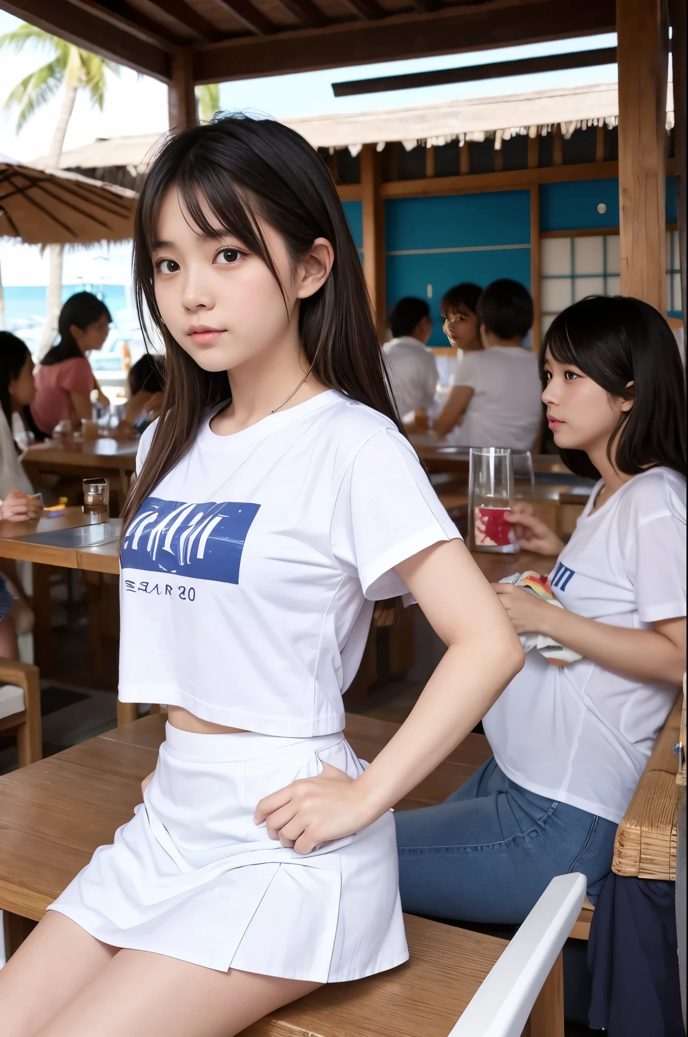 20 years old girls (Japanese cute face) are wearing white Tshirts, mini skirt at the beach bar