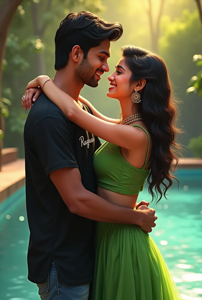 realistic indian 19 Year old cute boy lifting body and 15 year beutifull girl smile in chest to chest in Water with boy wearing black shirt on the river with sunday an water and a on girl wearing green lehenga with  swimming pool background , in shirt written name “Raghav" features, loveng mood, realistic