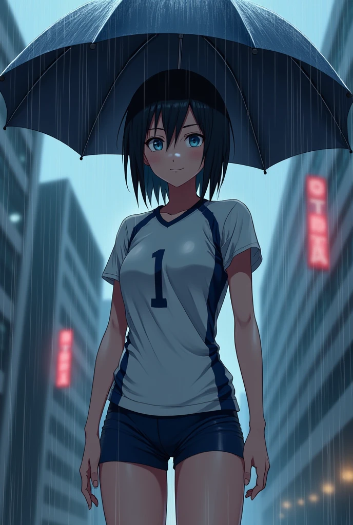 Tall anime high school student with black hair and blue eyes with a bit of gray wearing a volleyball uniform , Slim but muscular and tall on the street in the rain with an umbrella in his hands