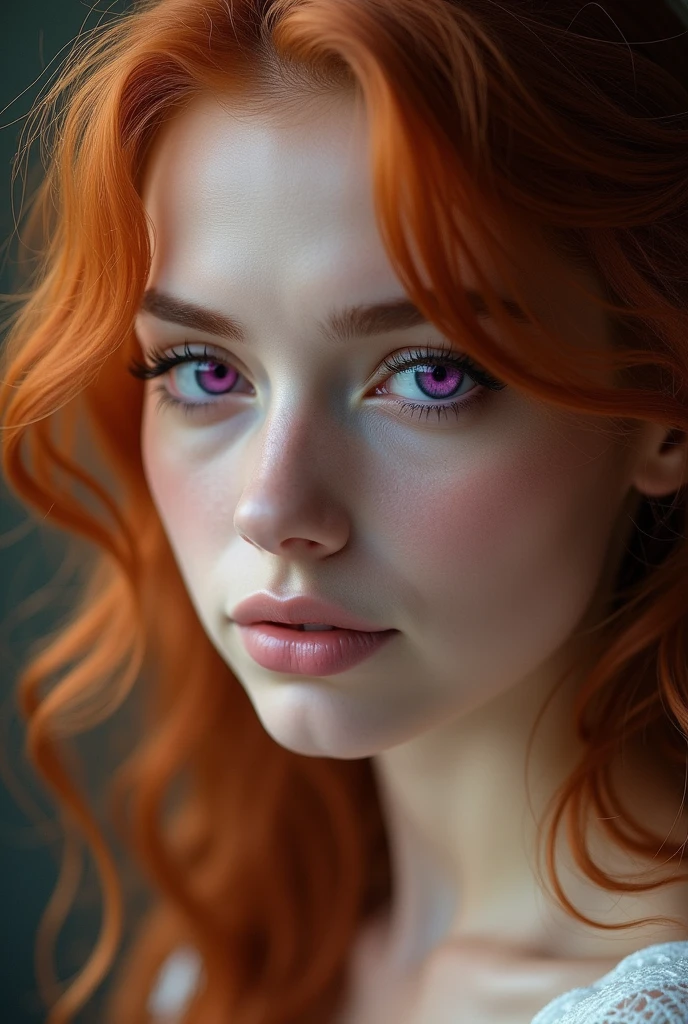 The profile of a woman with violet eyes and copper hair