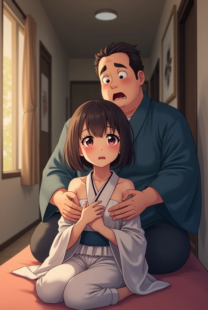 A photo of a woman on a futon in a narrow hotel room。A beautiful mid- girl with a thin body and big eyes wearing a braless off shoulder YUKATA is sitting facing forward and crying.、Surrender。A fat man with an excited face approaches her from behind and puts his hands inside her yukata to grab her breasts.