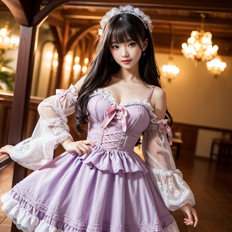 Bow at the back of the waist, Skirt length to calf, cupcake dress, Layered skirt with lace on each layer, Wear a LOLITA dress, layered dress, Purple lolita dress, lots of lace, Long sleeve, Wide sleeves, Big skirt, layered lace skirt, Puff sleeves, Wide sleeves, Transparent sleeves, intricate details showcase the ruffles and intricate designs of the Lolita dress, Wearing a lolita dress, in the amusement park, at disneyland, best quality, Delicate face,beautiful visual work, lifelike, eternity, black hair, Long curly hair, blunt bangs, Smile, Detailed Background, Delicate face,blush,cold,((masterpiece))、(top quality)、8k、high detail、Super detailed,41-year-old female, masterpiece、born、Scenes resembling fairy tale illustrations、intricate details和複雜的設計、Beautifully、magic、capricious、 Beautifully、Dream aesthetics、「𝓡𝓸𝓶𝓪𝓷𝓽𝓲𝓬、ethereal、charming、fickle、magic」、realism、Visual effects、FXAA、SSAO、Shader、voiceless、ambient lighting、Tone mapping、High resolution、Ultra high quality、Million pixels、(8K resolution:1.10)、8k、8k以下、8K resolution、high detail、intricate details, (high quality:1.2、masterpiece:1.2、:1.21)、(41-year-old female:1.21)、(興奮地Smile)、(Surrounded by a dreamy atmosphere、Model diagram,full-body shot,Normal 2 feet,Put your hands behind you,The protrusion of the breast is visible when wearing clothes, Large Breasts, H cup chest, pink clothes, Don't show your fingers, full-body shot, full-body shot,full-body shot,full-body shot,full-body shot,full-body shot,full-body shot,full-body shot,hands hidden in clothes, hands hidden in clothes,hands hidden in clothes,hands hidden in clothes,hands hidden in clothes,hands hidden in clothes,hands hidden in clothes,hands hidden in clothes,hands hidden in clothes, ,hands hidden in sleeves ,hands hidden in sleeves ,hands hidden in sleeves ,hands hidden in sleeves ,hands hidden in sleeves ,hands hidden in sleeves ,hands hidden in sleeves ,hands hidden in sleeves, arms behind back, arms behind back, side view, side angle, Each layer of the cake skirt has lace, side view photo, side angle shot