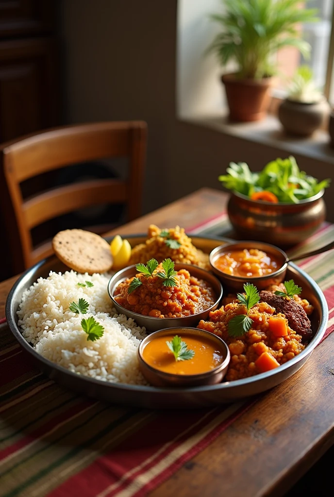 Create an indian lunch thali having dishes rice, dal, chicken curry, salad, pampad, sweet