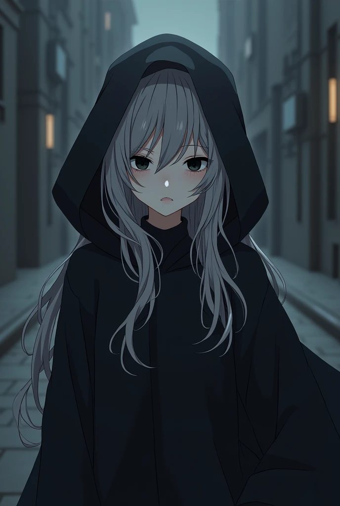 Long gray hair，Black eyes，Anime girls，Wearing a black hooded jacket，Body facing left，Cold face
