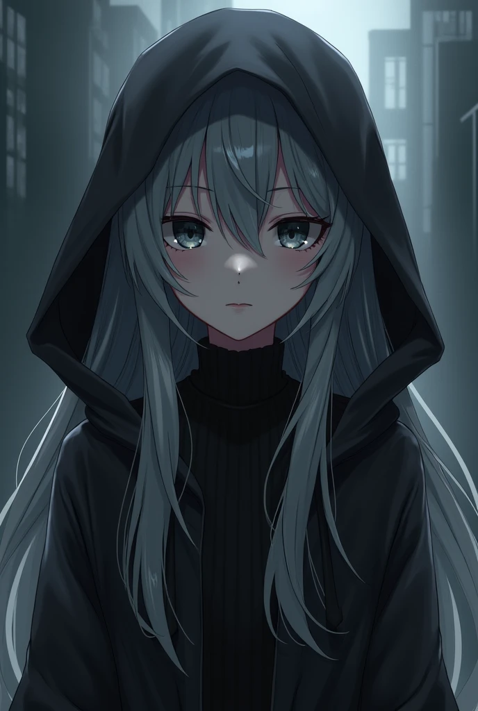 Long gray hair,Black eyes,Anime girls,Wearing a black hooded jacket,Body facing left,Cold face