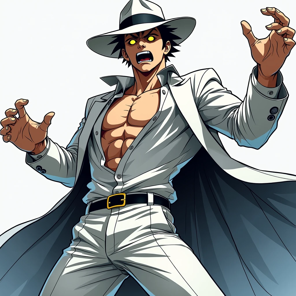 ((illustration)), (best quality)), ((masterpiece)), (detailed), adult, 1male, black hair, suit, fedora, solo, 1boy, smiling, crazy look, shirt: 2, anime, horror, yellow eyes,
