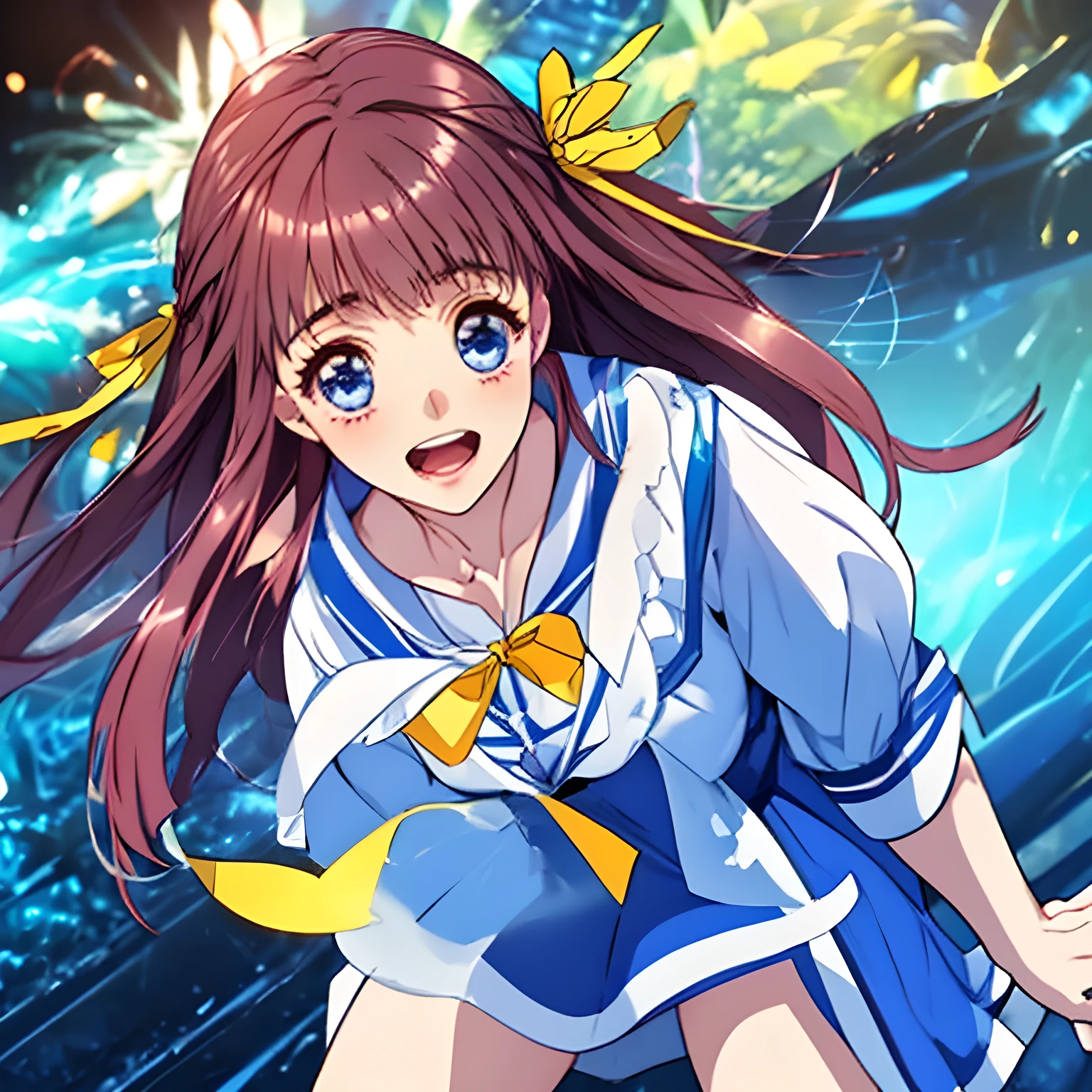 (masterpiece, Highest quality: 1.2), (Very beautiful fantasy digital artwork: 1.0), (A cutely smiling 16yo daughter of Venus: 0.5), (A smiling cute noble graceful face,  wearing a sailor uniform, Glossy lips, Beautiful soft white hands and legs: 1.0), (Beautiful glossy light-red super long hair, Evenly trimmed bangs, with yellow long hair ribbons), (Dark blue sailor-style school uniform, dark blue jacket, Dark blue sleeves, A long, dark blue pleated skirt, crimson scarf, Dark brown loafers:1.2), (Large cute blue laughing eyes as beautiful as Venus with cutely detailed: 1.6), (She Looking at me and laughing at me: 1.3), (The background is a swirling mass of very girly ribbons, girly skirts, and flowers in shining Venus harem: 1.2)