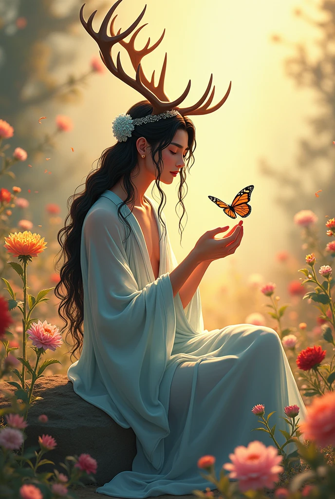 Animated: slender beautiful man with an antler crown, smiling gently on a butterfly he's holding, sitting on a rock, wearing loose pearly transparent outer layer light blue Hanfu, long curly  black hair , in a flowery field, soft lighting, plants in background, with sunlight, cozy atmosphere, relaxed pose, realistic, intricate details, warm colors,
