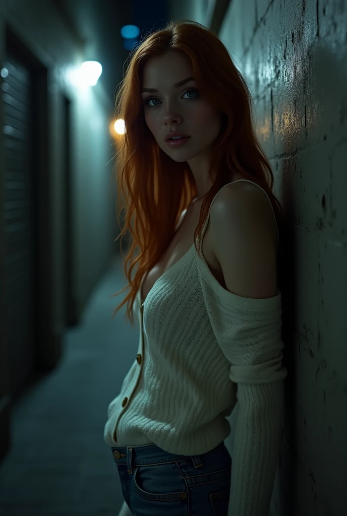  
(((HD photo))), ultra high res.photorealistic:. 1.4, UHD, masterpiece, trending on art station, full body shot, 1girl, pretty, cute face, ((detailed face, detailed eyes, beautiful in the world, soft, delicate, (long red hair), large sagging breasts, slim waist, (wearing buttoned sweater, blue jeans:1.2), hires textures, intricate details), sunkissed, alley at night, dark alley, midnight, alone, scared, white loose sweater, buttoned sweater,(( very dark )), back against the wall, ((front view, full body))