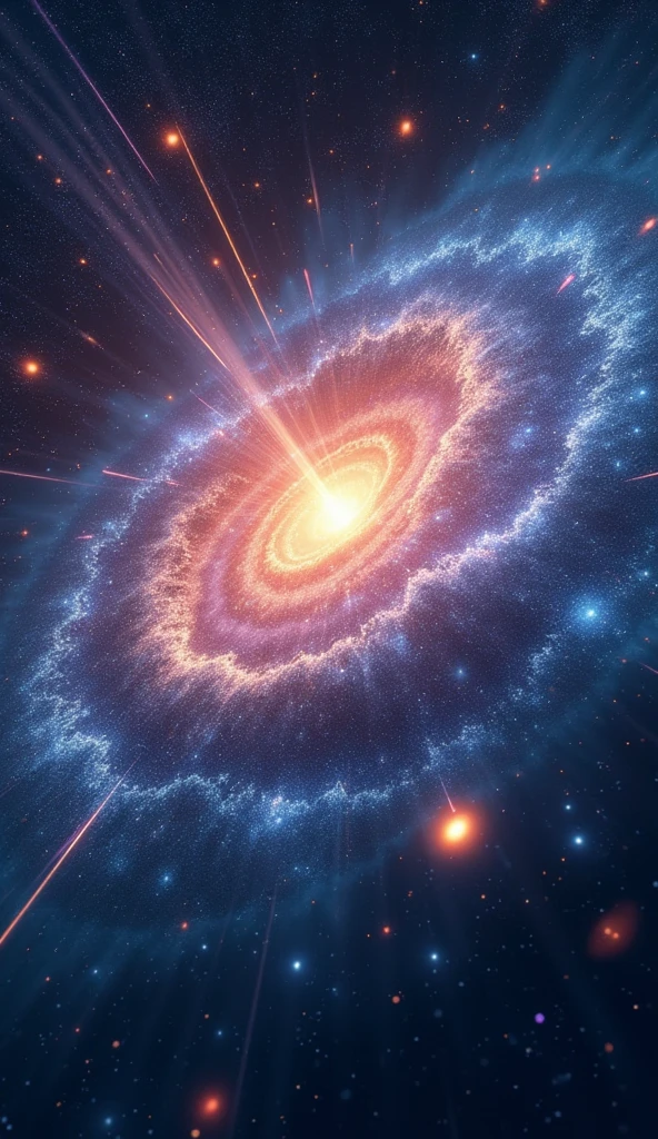 "An enchanting cosmic scene where a cluster of stars forms a swirling galaxy. In the foreground, a radiant meteor shower illuminates the dark space, each meteor leaving a sparkling trail. Surrounding the scene, small glowing orbs float gently, and a soft rainbow-colored light filters through the stardust.8k Ultra HD
