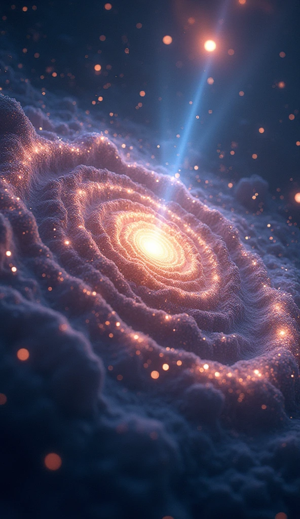 "An enchanting cosmic scene where a cluster of stars forms a swirling galaxy. In the foreground, a radiant meteor shower illuminates the dark space, each meteor leaving a sparkling trail. Surrounding the scene, small glowing orbs float gently, and a soft rainbow-colored light filters through the stardust.8ｋ　Ultra HD