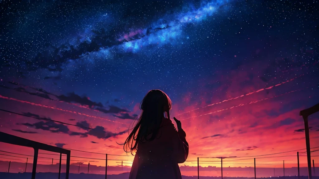 Anime girl looking at the stars in the sky, girl looks at the space, anime girl with cosmic hair, girl in space, Star(skyporn) starrysky_skyporn, on a galaxy looking background, in a space starry, near a galaxy, Anime art wallpaper 8k, shooting star in background, stars on sky, Anime Girl with Long Hair, Space sky