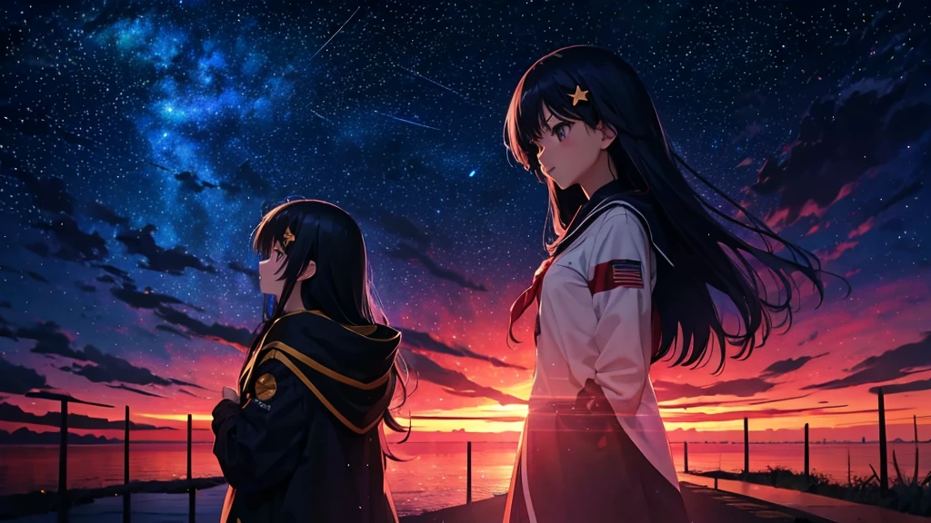 Anime girl looking at the stars in the sky, girl looks at the space, anime girl with cosmic hair, girl in space, Star(skyporn) starrysky_skyporn, on a galaxy looking background, in a space starry, near a galaxy, Anime art wallpaper 8k, shooting star in background, stars on sky, Anime Girl with Long Hair, Space sky