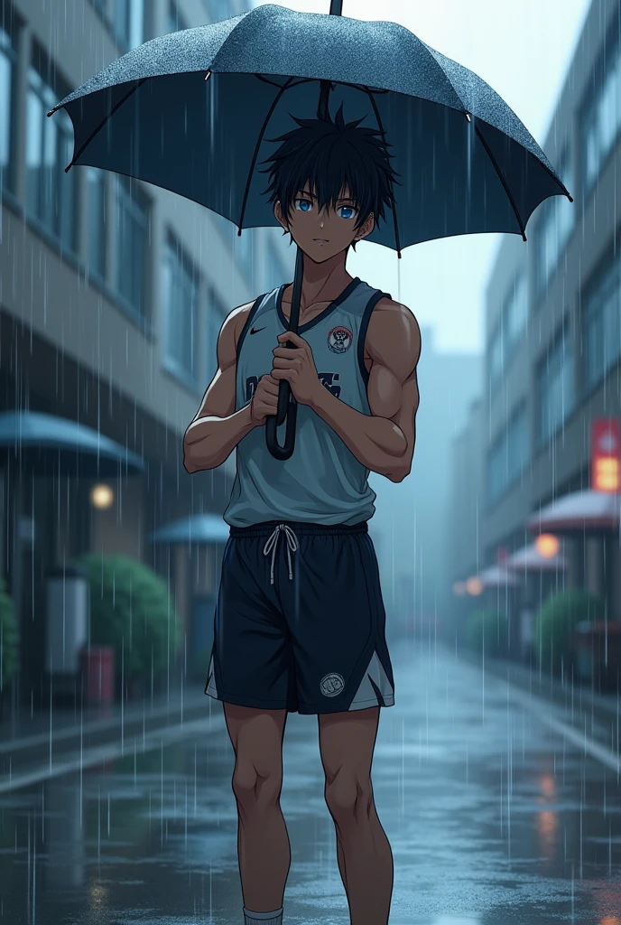 Tall anime high school boy student with black hair and blue eyes with a bit of gray in a volleyball uniform , Slim but muscular and tall on the street in the rain with an umbrella in his hands