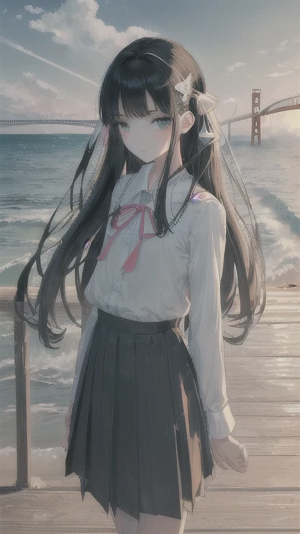 masterpiece,((Clear lines)), Limited edition palette,Highest quality, Flat Color, Low contrast, ((One girl)),(((Very delicate and beautiful))),(Beautifully detailed face),(Beautiful attention to detail),{Long Hair},hair ornaments,((Middle chest)),Long black hair,Hair Ribbon,school uniform , Are standing,((View your viewers:1.6)), View from below,Beautifully detailed skies,Bright sky,Cloudy,sunlight, (Detailed Light),Lighting,colorful,Ocean,Beach, bridge,The way to school,Skyscraper, autumn, mist