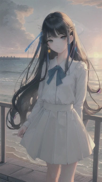 masterpiece,((Clear lines)), Limited edition palette,Highest quality, Flat Color, Low contrast, ((One girl)),(((Very delicate and beautiful))),(Beautifully detailed face),(Beautiful attention to detail),{Long Hair},hair ornaments,((Middle chest)),Long black hair,Hair Ribbon,school uniform , Are standing,((View your viewers:1.6)), View from below,Beautifully detailed skies,Bright sky,Cloudy,sunlight, (Detailed Light),Lighting,colorful,Ocean,Beach, bridge,The way to school,Skyscraper, autumn, mist
