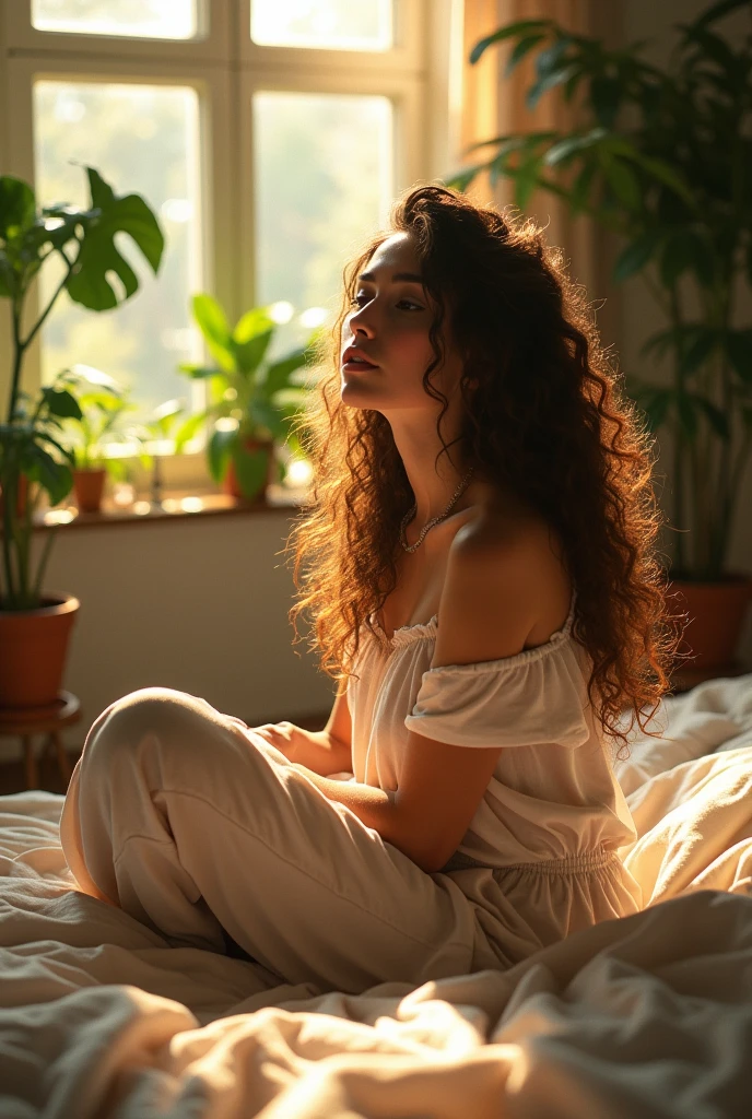 (photorealism:1.2), beautiful woman, sitting on bed, wearing loose off-shoulder top, pajama pants, long curly hair, indoors, soft lighting, plants in background, window with sunlight, cozy room, relaxed pose, realistic, intricate details, warm colors, by Greg Rutkowski, by Alphonse Mucha