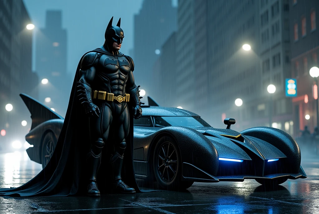 Create an image of Batman, the tall, muscular superhero, in a dark, armored suit with a flowing cape, standing confidently next to the sleek, black Batmobile with sharp angles and glowing blue lights. Batman’s suit should feature intricate details, including a prominent chest emblem and utility belt. The scene is set at night in a gritty, rain-soaked urban environment, with towering, shadowy skyscrapers in the background. The wet street reflects the neon city lights, adding a dramatic effect. Rain is falling, creating a moody and tense atmosphere, with Batman appearing vigilant and ready for action.