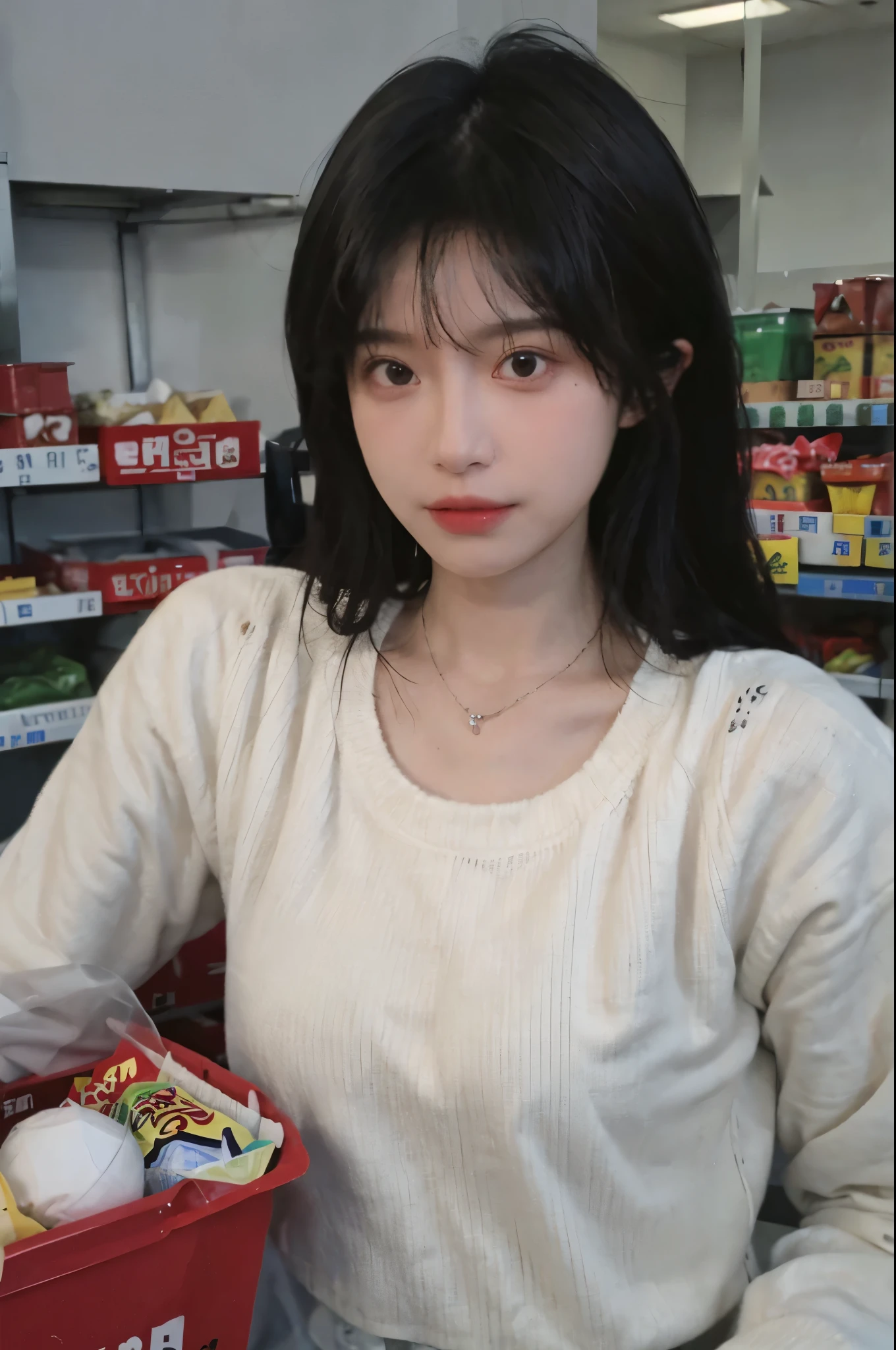 Best quality,Ultra-high resolution,(Realism:1.4),Cute hairpins,girll,Cropped black sweater,Look directly at the audience,Full of atmosphere,Beautiful woman with a slim figure:1.4,supermarket,whole body,Super delicate face,Exquisite eyes,Double eyelids,necklace