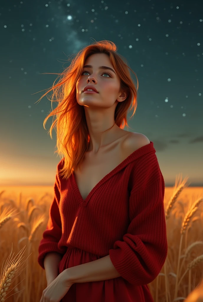 a beautiful woman,23 years old,A man standing in a vast wheat field,Tachibana crimson long-haired,Hair is messy and floating,Green eyes,Full body female love,(大Red loose sweater),Loose slacks,Sweater flutters,Edge light,(Fainting with long hair:1.5),best quality,tmasterpiece,Ultra-high resolution),(realisticlying:1.4),Slim,(shiny skin),(The woman's face looks up at the sky),Top fashion,((Red loose sweater)),Autumn weather,Light Solution,(beautifulface:1.1),delicate eyes,lusciouslips,Depth of Field、Bokeh,author(James S. c. Christensen:1.2|Jeremy Lipkin:1.1),octane,sky sky,Star(sky sky),Starry Sky,night,Night Sky,solo,Exterior,clouds,galactic
