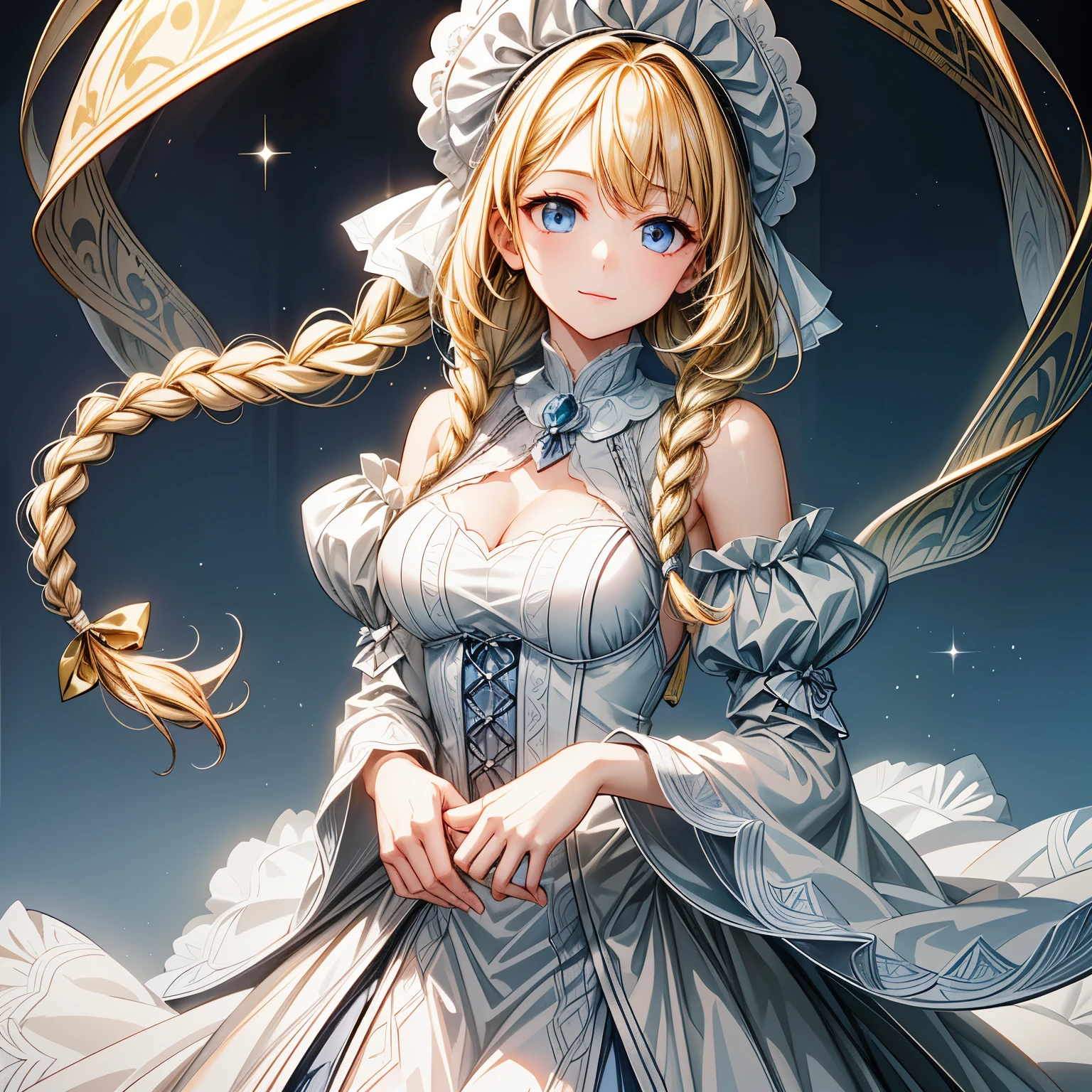 ((masterpiece)), ((Highest quality)), ((light smile)), ((A -yeld gi), ((blonde hair and twin braids)), (A cute girl with big, droopy eyes), white bonnet, (Normal size breasts), ((Beautiful and smooth skin)), (Dark grey long dress), (Beautifully detailed eyes), (White lace collar), (Beautifully detailed clothing), Gentle personality, ((Beautifully detailed face)), 美しい女性のアニメイラスト, Ultra-high resolution, (アニメ:1.1)