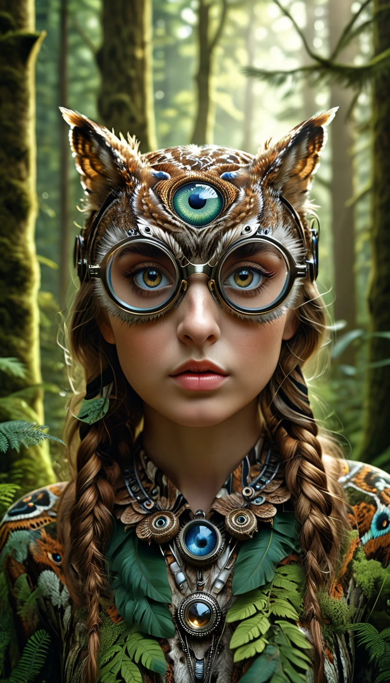 a highly detailed and realistic 4k 8k illustration of a person with four eyes and an owl-like body in a forest, (best quality,4k,8k,highres,masterpiece:1.2),ultra-detailed,(realistic,photorealistic,photo-realistic:1.37),extremely detailed animal,complex patterns,realistic lighting