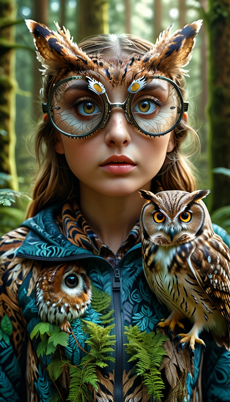 a highly detailed and realistic 4k 8k illustration of a person with four eyes and an owl-like body in a forest, (best quality,4k,8k,highres,masterpiece:1.2),ultra-detailed,(realistic,photorealistic,photo-realistic:1.37),extremely detailed animal,complex patterns,realistic lighting