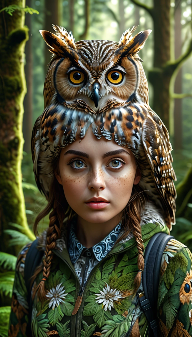 a highly detailed and realistic 4k 8k illustration of a person with four eyes and an owl-like body in a forest, (best quality,4k,8k,highres,masterpiece:1.2),ultra-detailed,(realistic,photorealistic,photo-realistic:1.37),extremely detailed animal,complex patterns,realistic lighting